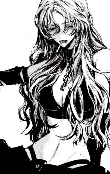 1girl bra breasts chain choker cigarette closed_mouth cowboy_shot greyscale hair_between_eyes long_hair looking_down medium_breasts mole mole_on_breast mole_under_mouth monochrome mouth_hold original panty_straps parted_bangs simple_background smoking solo stomach teeniika underwear white_background