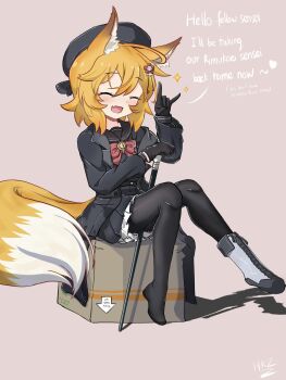 1girl animal_ear_fluff animal_ears black_gloves black_hat black_jacket black_pantyhose black_sailor_collar black_serafuku black_shirt black_skirt blonde_hair blue_archive boots box cane closed_eyes cosplay fang flower fox_ears fox_girl fox_shadow_puppet fox_tail gloves hair_between_eyes hair_flower hair_ornament hat hellkids2 highres holding holding_cane jacket on_box open_mouth pantyhose professor_niyaniya_(blue_archive) professor_niyaniya_(blue_archive)_(cosplay) red_ribbon ribbon sailor_collar school_uniform senko_(sewayaki_kitsune_no_senko-san) serafuku sewayaki_kitsune_no_senko-san shirt shoes single_shoe sitting sitting_on_box skirt tail white_footwear