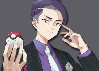 1boy black_hair black_jacket closed_mouth collared_shirt commentary corbeau_(pokemon) fingernails frown grey_background hands_up highres holding holding_poke_ball jacket long_sleeves male_focus necktie nintendo no_eyewear nukadoko_dive open_clothes open_jacket poke_ball poke_ball_(basic) pokemon pokemon_legends:_z-a purple_shirt shirt short_hair simple_background solo upper_body white_necktie yellow_eyes