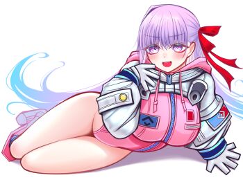 Rule 34 | 1girl, absurdres, bb (fate), bb cosmo (fate), blush, boots, breasts, commentary request, drawstring, fate/grand order, fate (series), gloves, grey gloves, grey shrug, hair ribbon, highleg, highleg leotard, highres, knee boots, large breasts, leotard, long hair, long sleeves, looking at viewer, mcpc zamurai, open mouth, pink boots, pink leotard, puffy long sleeves, puffy sleeves, purple eyes, purple hair, red ribbon, ribbon, shrug (clothing), smile, solo, spacesuit, thighs, very long hair, zipper