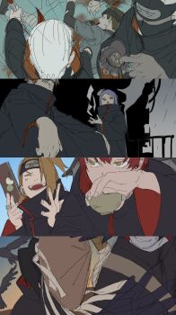 Rule 34 | 1girl, 6+girls, absurdres, akatsuki uniform, bag, bird, black cloak, black hair, blonde hair, blood, blue hair, blue skin, brown hat, cloak, coin, colored skin, crow, cup, death, deidara (naruto), forehead protector, hat, hidan (naruto), highres, holding, holding cup, hoshigaki kisame, jewelry, kakuzu (naruto), konan (naruto), multiple girls, naruto (series), naruto shippuuden, orange hair, pain (naruto), pnpk 1013, red hair, ring, sasori (naruto), uchiha itachi, white hair