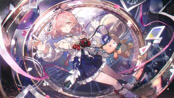 1girl absurdres aether_gazer bow braid camera clock commentary_request dress frilled_dress frills hair_between_eyes hair_bow hair_intakes highres holding holding_camera layered_dress leg_warmers long_sleeves looking_at_viewer medium_hair mento pink_eyes pink_hair red_bow sidelocks skuld_(aether_gazer) solo stuffed_animal stuffed_toy teddy_bear white_bow white_leg_warmers