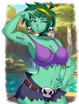 1girl arm_up armpits breasts choker cleavage curvy datwondoude earrings female_focus green_hair green_skirt hand_on_own_hip highres jewelry large_breasts looking_at_viewer navel one_eye_closed red_eyes rottytops shantae_(series) short_hair short_shorts shorts skirt skull_earrings solo wide_hips zombie