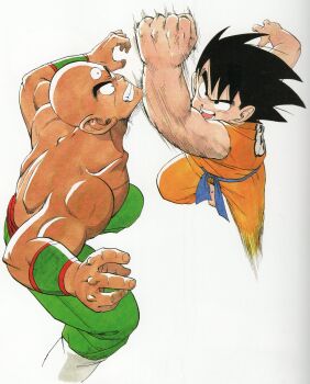 Rule 34 | 1980s (style), 2boys, absurdres, arm guards, bald, barefoot, black eyes, black hair, clenched teeth, dougi, dragon ball, dragon ball (classic), fighting, green pants, highres, male focus, motion lines, multiple boys, muscular, muscular male, official art, oldschool, open mouth, orange dougi, pants, punching, retro artstyle, scan, scar, scar on chest, son goku, speed lines, spiked hair, teeth, tenshinhan, third-party source, topless male, toriyama akira, triclops, uppercut, white background, wide-eyed