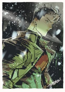 1boy artist_name bat_signal batman_(series) batman_symbol black_hair bodysuit brown_jacket dc_comics grey_bodysuit highres jacket jason_todd male_focus multicolored_bodysuit muscular muscular_male red_hood_(dc) red_hood_and_the_outlaws short_hair superhero_costume taut_bodysuit tokitokororo two-tone_bodysuit