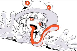 Rule 34 | 1girl, hat, limited palette, long sleeves, long tongue, looking at viewer, lying, moriya suwako, on stomach, open mouth, outstretched arms, red eyes, shirt, short hair, short hair with long locks, simple background, smile, snake, standing, tongue, tongue out, touhou, very long tongue, white background, white shirt, white sleeves, wide sleeves, zounose
