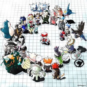 3girls 6+boys adaman_(pokemon) aether_foundation ahoge anklet archie_(pokemon) bandana black_hair black_jacket black_pants black_shirt blonde_hair blouse blue_bandana blue_coat blue_hair brown_footwear camerupt charm_(pokemon) clefable closed_mouth coat collarbone collared_shirt colress_(pokemon) commentary_request copperajah crossed_arms cyrus_(pokemon) facial_hair from_above fur-trimmed_jacket fur_trim gen_1_pokemon gen_3_pokemon gen_4_pokemon gen_5_pokemon gen_6_pokemon gen_7_pokemon gen_8_pokemon gengar ghetsis_(pokemon) giovanni_(pokemon) glaceon golisopod green_hair grey_jacket guzma_(pokemon) hairband hat hydreigon in-franchise_crossover irida_(pokemon) jacket jewelry kamado_(pokemon) klinklang lab_coat leafeon logo long_hair lysandre_(pokemon) maxie_(pokemon) multicolored_hair multiple_boys multiple_girls n_(pokemon) nintendo obstagoon on_head pants piers_(pokemon) pokemon pokemon_(creature) pokemon_bw pokemon_bw2 pokemon_dppt pokemon_legends:_arceus pokemon_on_head pokemon_rgby pokemon_rse pokemon_sm pokemon_swsh pokemon_xy pokeyugami popped_collar pyroar pyroar_(male) red_(pokemon) red_footwear red_hair red_hairband retro_artstyle rhydon rose_(pokemon) sharpedo shirt shoes short_hair shorts snorlax spiked_hair standing team_aqua team_galactic team_magma team_plasma team_rocket team_skull tile_floor tiles twitter_username two-tone_hair undercut vest weavile white_hair white_shirt white_shorts zorua