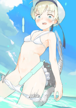1girl bikini bikini_bottom_pull blonde_hair blue_eyes blue_sky blush breasts clothes_pull cloud co_botan commentary_request commission convenient_censoring day enemy_naval_mine_(kancolle) hat kantai_collection micro_bikini ocean open_mouth outdoors sailor_bikini sailor_collar short_hair skeb_commission sky small_breasts swimsuit tentacles tupet wading water white_bikini white_hat z1_leberecht_maass_(kancolle) z1_leberecht_maass_(swimsuit)_(kancolle)