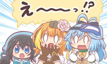 Rule 34 | !?, 0 0, 3girls, :o, antenna hair, bad id, bad twitter id, black hair, blonde hair, blue bow, blue eyes, blue hair, blush, bow, brown gloves, chiaki riko, flower, gloves, hair between eyes, hair bow, hair flower, hair ornament, hair ribbon, hands up, haruna konomi, hat, long hair, magia record: mahou shoujo madoka magica gaiden, mahou shoujo madoka magica, multicolored hair, multiple girls, open mouth, orange hair, pink flower, pink rose, ponytail, puffy short sleeves, puffy sleeves, reverse (bluefencer), ribbon, rose, shirt, short sleeves, streaked hair, striped, striped bow, surprised, twintails, upper body, utsuho natsuki, wavy mouth, white gloves, white shirt