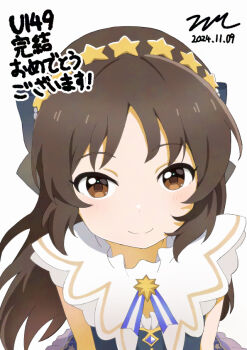 1girl aayh black_dress brown_eyes brown_hair closed_mouth commentary_request dated dress frilled_dress frills idolmaster idolmaster_cinderella_girls idolmaster_cinderella_girls_u149 long_hair looking_at_viewer simple_background smile solo tachibana_arisu translation_request very_long_hair white_background