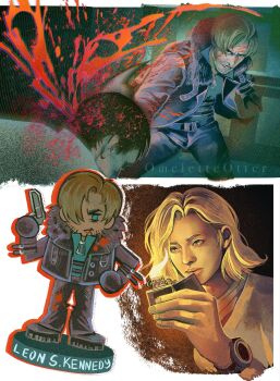 Rule 34 | 1boy, 1girl, axe, black jacket, blonde hair, blood, blood splatter, grace ashcroft, gun, highres, jacket, leon s. kennedy, lighter, omeletteotter, resident evil, resident evil requiem, ugly bastard, weapon, zombie