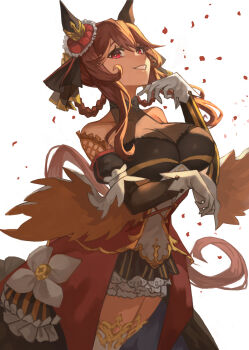 Rule 34 | 1girl, animal ears, bare shoulders, braid, braided hair rings, breasts, brown hair, cleavage, commentary request, corset, dawito, detached sleeves, dress, ear covers, ear ornament, gentildonna (regina dei fiori) (umamusume), gentildonna (umamusume), gloves, hair between eyes, hair ornament, hair rings, heart-shaped ornament, heart ear ornament, highres, horse ears, horse girl, horse tail, large breasts, long hair, open mouth, petals, red corset, red eyes, see-through cleavage, see-through clothes, simple background, smile, solo, tail, thighhighs, umamusume, white gloves, white thighhighs