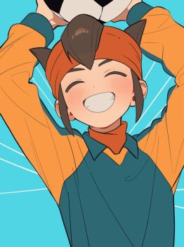 1boy ^_^ arms_up ball blush brown_hair closed_eyes collared_shirt commentary dot_nose ebi_(shrimp_eleven) endou_mamoru grin hair_horns headband highres holding holding_ball inazuma_eleven inazuma_eleven_(series) long_sleeves male_focus multicolored_shirt orange_headband shirt short_hair smile soccer_ball soccer_uniform solo sportswear symbol-only_commentary teeth upper_body wing_collar