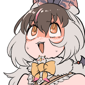 1girl animal_ears bat_ears bat_girl bat_wings brown_eyes brown_hair brown_long-eared_bat_(kemono_friends) extra_ears grey_hair kemono_friends kemono_friends_v_project long_hair mcgunngu microphone multicolored_hair scarf simple_background solo streaked_hair sweat upper_body virtual_youtuber wings