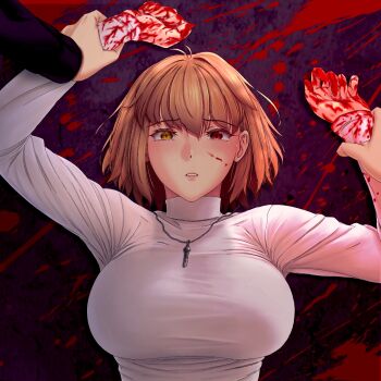 1boy 1girl arcueid_brunestud blood blood_on_clothes blood_on_face blood_on_hands blush breasts crying heterochromia highres holding_another's_arm jewelry large_breasts loannes looking_at_viewer mystic_eyes_of_enchantment necklace on_floor pinned red_eyes scene_reference sweater tears tohno_shiki tsukihime tsukihime_(remake) turtleneck turtleneck_sweater upper_body white_sweater yellow_eyes