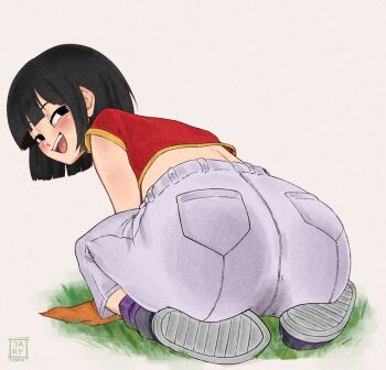 1girl ass ass_focus bandana black_eyes black_hair blush denim dragon_ball dragon_ball_gt from_behind jarp-art jeans kneeling loli looking_at_viewer looking_back open_mouth orange_bandana pan_(dragon_ball) pants red_shirt shirt shoes simple_background tagme unworn_bandana watermark white_background