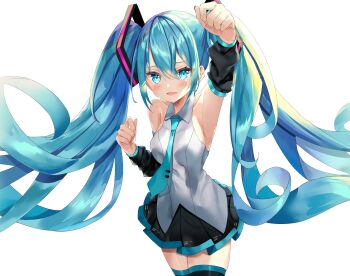 1girl absurdres aqua_eyes aqua_hair aqua_necktie aqua_trim arm_up armpits bare_shoulders black_skirt breasts collarbone collared_shirt commentary_request crying crying_with_eyes_open detached_sleeves grey_shirt hair_between_eyes hair_ornament hatsune_miku highres long_sleeves looking_at_viewer medium_breasts miniskirt necktie open_mouth pink_nails pleated_skirt shirt simple_background sinobi_illust skirt sleeveless sleeveless_shirt smile solo streaming_tears tears thighhighs vocaloid white_background zettai_ryouiki