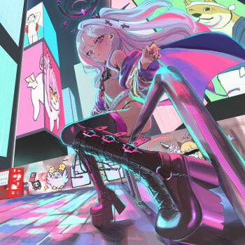 1girl :3 absurdres alternate_costume bikini black_bikini black_boots black_halo black_horns black_thighhighs blue_archive boots chen_bingyou city city_lights cityscape creature cross_hair_ornament death_momoi_(meme) demon_girl demon_horns demon_wings doge doodle_sensei_(blue_archive) doro_(nikke) flat_chest forehead goddess_of_victory:_nikke graffiti hair_ornament halo high_heel_boots high_heels highres hina_(blue_archive) horns long_hair looking_at_viewer low_wings master_shiba_(blue_archive) meme mika_(blue_archive) multiple_horns navel neon_lights neon_palette parted_bangs peroro_(blue_archive) purple_eyes purple_wings sensei_(blue_archive) sitting skull_man_(blue_archive) solo swimsuit thighhighs vending_machine very_long_hair wings
