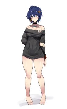 Rule 34 | 1girl, bare legs, bare shoulders, barefoot, belle (zenless zone zero), black choker, black dress, blue eyes, blue hair, choker, commentary, dress, english commentary, full body, hair ornament, hairclip, highres, hinghoi, long sleeves, off-shoulder dress, off shoulder, short dress, short hair, simple background, solo, standing, white background, zenless zone zero