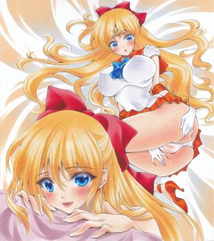 1girl aino_minako ass bishoujo_senshi_sailor_moon blonde_hair blue_eyes blush bow breasts bu_tika covered_erect_nipples earrings embarrassed gloves grabbing_own_ass highres jewelry large_breasts leotard leotard_peek lips long_hair looking_at_viewer magical_girl miniskirt nude red_bow sailor_venus short_sleeves skirt traditional_media very_long_hair