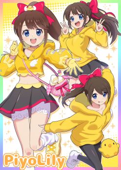 1girl absurdres baby_animal bag bird black_leggings black_skirt blue_eyes blush bow breasts brown_hair chick chick_hair_ornament choker collarbone cropped_hoodie double_w egg gloves hair_bow hair_ornament highres hood hood_down hoodie indie_virtual_youtuber jacket leggings long_hair long_sleeves looking_at_viewer loose_socks midriff open_mouth partially_fingerless_gloves pink_bag piyolily pokemoa ponytail red_bow shoes shorts shorts_under_skirt shoulder_bag skirt smile socks star_(symbol) teeth virtual_youtuber w white_shorts white_socks yellow_choker yellow_gloves yellow_hoodie yellow_jacket