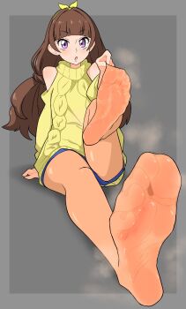1girl absurdres adjusting_clothes adjusting_legwear amanogawa_kirara arched_bangs blue_shorts blush border bow brown_hair clothing_cutout feet foot_focus foreshortening full_body grey_background grey_border hair_bow hairband highres long_hair looking_at_viewer nairo no_shoes open_mouth orange_pantyhose pantyhose pantyhose_under_shorts precure purple_eyes short_shorts shorts shoulder_cutout sidelocks simple_background sitting smell soles solo steaming_body sweater toes yellow_bow yellow_hairband yellow_sweater