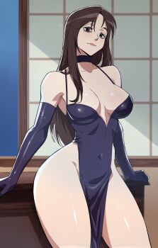 1girl absurdres asymmetrical_bangs bare_legs breasts brown_eyes brown_hair choker collarbone covered_navel detached_sleeves dress hair_between_eyes head_tilt highres ieiri_shoko indoors jujutsu_kaisen leaning_back leaning_on_object leaning_on_table lips lipstick long_hair looking_at_viewer makeup mg991998 mole narrow_waist simple_background solo solo_focus sparkle string studio_mappa sunlight thick_thighs thighs