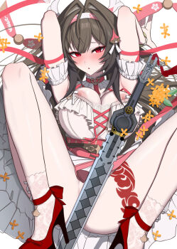 Rule 34 | 1girl, animal ear fluff, animal ears, armband, armpits, arms up, blush, breasts, brown hair, cas cassis, collar, commentary, commentary request, convenient censoring, cross-laced clothes, cross-laced top, droopy ears, english commentary, frilled armband, frilled collar, frilled shirt, frills, hairband, lace socks, large breasts, leg tattoo, long hair, looking at viewer, lying, mixed-language commentary, multicolored hairband, nipples, official alternate costume, on back, paid reward available, red eyes, red hairband, red shoes, shirt, shoes, simple background, socks, solo, spread legs, sword, tattoo, weapon, white armband, white background, white hairband, white socks, ye shunguang, ye shunguang (touch of dawnlight), zenless zone zero