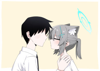 1boy 1girl absurdres animal_ear_fluff animal_ears b.t._(boob_tong) black_hair blue_archive blue_halo blush closed_eyes cross cross_hair_ornament extra_ears faceless faceless_male grey_hair hair_ornament halo highres imminent_kiss inverted_cross looking_at_another medium_hair no_eyes ponytail sensei_(blue_archive) shiroko_(blue_archive) short_ponytail upper_body wolf_ears wolf_girl