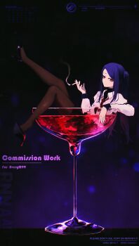 Rule 34 | 1girl, absurdres, black pantyhose, black shoes, blue hair, cigarette, closed mouth, cocktail glass, commentary, commission, cup, drinking glass, english commentary, high heels, highres, holding, holding cigarette, in container, in cup, jill stingray, long hair, looking at viewer, mini person, necktie, pantyhose, red eyes, red necktie, rnna, shirt, shoes, smoke, solo, twintails, va-11 hall-a, white shirt