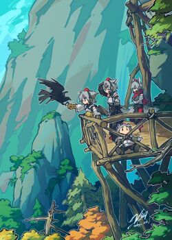 4girls absurdres alternate_costume animal_ears bird bird_on_hand black_bird black_pants brown_eyes closed_mouth commentary_request crossed_arms crow detached_sleeves doggo_1d34 feathered_wings forest geta gloves grey_hair hand_on_hilt hashtag-only_commentary hat headset highres inubashiri_momiji mountain multiple_girls nature outdoors pants red_hat red_sandals red_scarf sandals scarf signature sword tail tengu-geta tokin_hat touhou tree water waterfall weapon wings wolf_ears wolf_girl wolf_tail wolf_tengu_extra_(touhou) yellow_gloves