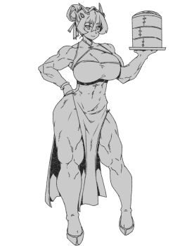 1girl abs bamboo_steamer bare_shoulders barghest_(fate) biceps breasts china_dress chinese_clothes cleavage cleavage_cutout clothing_cutout commentary dress english_commentary fate/grand_order fate_(series) full_body greyscale hair_bun high_heels horns large_breasts looking_at_viewer medium_hair minew monochrome muscular muscular_female pelvic_curtain solo thick_thighs thighs tray