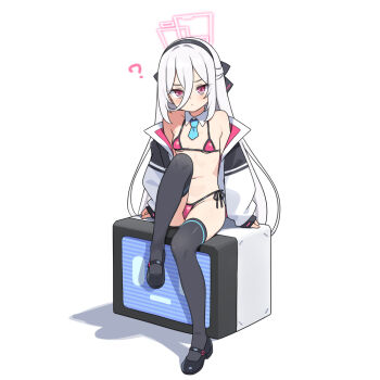 1girl ? alternate_costume aqua_necktie arm_support bare_shoulders bikini black_bow black_hairband black_shoes black_thighhighs blue_archive blush bow breasts chinese_commentary closed_mouth commentary_request detached_collar dot_mouth full_body hair_between_eyes hair_bow hairband halo hatsunatsu jacket kei_(blue_archive) knee_up loli long_hair looking_at_viewer mary_janes micro_bikini mixed-language_commentary navel necktie off_shoulder on_television open_clothes open_jacket pink_bikini pink_eyes pink_halo rectangular_halo shoes short_necktie side-tie_bikini_bottom simple_background sitting sleeves_past_wrists small_breasts solo stomach swimsuit television thighhighs very_long_hair white_background white_hair white_jacket