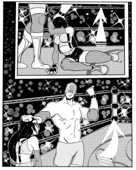 1990s_(style) 1boy 1girl absurdres bare_shoulders black_hair breasts comic crotch fighting final_fantasy final_fantasy_vii fingerless_gloves ghost13 gloves grabbing_another's_hair greyscale highres holding_another's_hair large_breasts long_hair monochrome motion_lines muscular pain panties pantyshot retro_artstyle ryona sequential smile sweat thick_thighs thighhighs thighs tifa_lockhart underwear wrestler wrestling wrestling_outfit wrestling_ring