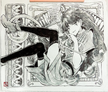 1girl ancient_egyptian ankle_boots artist_name belt belt_buckle blunt_bangs boots buckle commentary_request earrings fingernails foot_out_of_frame greyscale hair_ornament hisona_(suaritesumi) holding jewelry long_hair looking_at_viewer mark_under_eye michigami_nareko monochrome photo_(medium) seal_impression shirt short_sleeves shorts solo sphere_hair_ornament thighhighs touhou traditional_media