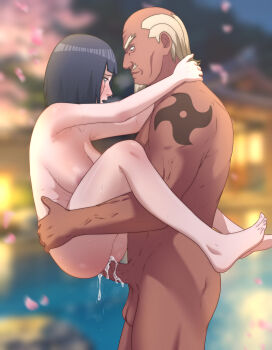 1boy 1girl a_(naruto) absurdres age_difference back bare_back bare_shoulders beige_hair black_hair blonde_hair blush boruto:_naruto_next_generations breasts cleavage completely_nude dark-skinned_male dark_skin facial_hair highres hyuuga_hinata interracial large_breasts medium_breasts muscular muscular_male naruto_(series) noxdsa nude old old_man older_male_and_younger_female raikage sex short_hair shoulder_tattoo tattoo uncensored veins veiny_arms