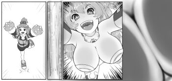 Rule 34 | 1girl, alloyrabbit, animal hands, arms up, bare shoulders, binary, blonde hair, breast smother, breasts, choker, cleavage, commentary, dual persona, elbow gloves, english commentary, face to breasts, fangs, gloves, greyscale, hair bobbles, hair ornament, high ponytail, highres, incoming hug, jacket, jumping, kami jigen game neptune v, large breasts, leg up, leotard, long hair, looking at viewer, medium breasts, monochrome, multicolored jacket, neptune (series), open mouth, paw gloves, pish, ponytail, pov, power symbol, power symbol-shaped pupils, shoes, short hair, shorts, smile, solo, star (symbol), star print, strapless, strapless leotard, symbol-shaped pupils, teeth, thighhighs, tongue, transformation, two-tone jacket, uvula, yellow heart (neptunia)