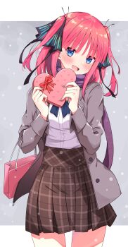 1girl :d bag black_ribbon blue_eyes blue_nails blush box breasts brown_skirt cowboy_shot gift gift_box go-toubun_no_hanayome hair_ribbon heart-shaped_box highres holding holding_box jacket long_sleeves looking_at_viewer medium_hair nail_polish nakano_nino open_clothes open_jacket open_mouth pink_hair plaid_clothes plaid_skirt pleated_skirt profnote purple_scarf ribbon scarf shirt skirt smile solo standing two_side_up white_shirt