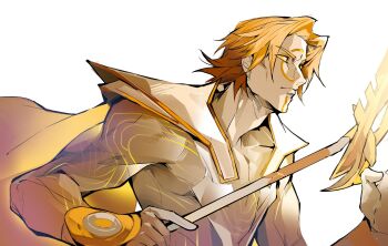 1boy adam_warlock blonde_hair cape colored_sclera colored_skin guardians_of_the_galaxy hashtag-only_commentary highres holding holding_wand male_focus marvel marvel_rivals muscular muscular_male no_pupils parted_bangs short_hair solo songtanshui02 superhero_costume upper_body wand white_background white_skin yellow_cape yellow_sclera