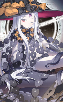 1girl abigail_williams_(fate) abigail_williams_(third_ascension)_(fate) absurdres bare_shoulders black_bow black_hands black_hat black_panties bow breasts colored_extremities colored_skin corruption dark_persona eldritch_abomination fate/grand_order fate_(series) forehead hair_bow hat highres keyhole long_hair looking_at_viewer miyu10366 one_eye_closed orange_bow panties parted_bangs possessed possession red_eyes sitting small_breasts solo tentacles thighs third_eye underwear white_hair white_skin wink yog-sothoth