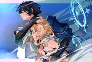 1boy 1girl absurdres animal_print arm_cutout armor armpit_crease bird_print black_bridal_gauntlets black_corset black_gloves black_hair blonde_hair blood blood_on_face blue_background blue_border blue_cape blue_eyes blue_feathers blue_halo blue_sleeves blue_trim blunt_ends border bridal_gauntlets cape carrying carrying_person clothing_cutout commentary corset detached_sleeves dintoge feather_hair_ornament feathers fingerless_gloves fingernails flying from_side furisode genshin_impact gloves gold_ring gradient_border hair_intakes hair_ornament halo halo_behind_head halterneck hand_on_another's_head hand_on_another's_stomach hand_up highres japanese_armor japanese_clothes kimono kote kurokote layered_sleeves light_blush looking_to_the_side lumine_(genshin_impact) middle_ring parted_lips pink_border profile purple_rope rope scaramouche_(genshin_impact) scarf scene_reference short_hair short_hair_with_long_locks short_sleeves sidelocks sideways_mouth single_bare_shoulder single_off_shoulder sweatdrop tareme vambraces wanderer_(genshin_impact) white_mouth white_scarf white_sleeves white_trim wide-eyed wind yellow_eyes