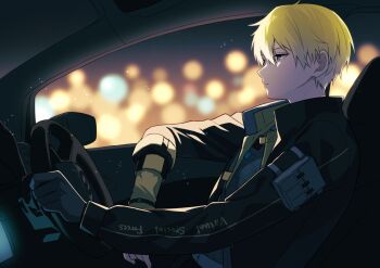 1boy black_gloves black_jacket blonde_hair blue_eyes blurry bokeh car_interior commentary_request depth_of_field driving frown gloves grey_shirt jacket long_sleeves looking_to_the_side male_focus nana72710193 nijisanji nijisanji_en pouch shirt single_glove solo sonny_brisko sonny_brisko_(1st_costume) steering_wheel upper_body virtual_youtuber
