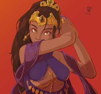 1girl bare_shoulders bindi blue_dress blue_nails body_piercings breasts brown_hair center_opening chain criss-cross_halter dancer dancing dark-skinned_female dark_skin dress earrings female_focus forehead_jewel gold_chain halterneck jewelry joakim_sandberg long_hair looking_at_viewer nail_polish original own_hands_together red_background ring shawl small_breasts solo tiara yellow_eyes