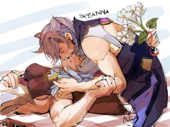 Rule 34 | 2girls, bare arms, black bodysuit, blue hair, blush, bodysuit, breasts, closed eyes, commentary, cone hair bun, dress, english commentary, flower, ganyu (genshin impact), genshin impact, hair bun, hand on another's arm, hand on another's shoulder, highres, imminent kiss, keqing (genshin impact), medium breasts, multiple girls, muscular, muscular female, parted lips, purple dress, purple hair, smile, tapeanna, white flower, yuri