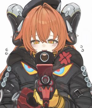 1girl ammunition anger_vein black_hat black_horns black_jacket blush commentary crossed_bangs curled_horns flying_sweatdrops fuyu_yafunu gloves green_eyes gun hair_between_eyes hair_intakes hat highres holding holding_gun holding_weapon horns jacket long_hair looking_at_another magus_(zenless_zone_zero) mechanical_horns open_mouth orange_hair orange_pupils orphie_magnusson simple_background sweat symbol-only_commentary upper_body weapon white_background yellow_gloves zenless_zone_zero