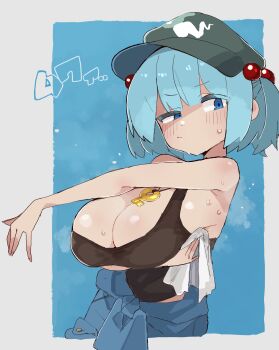 1girl absurdres armpits black_tank_top blue_background blue_eyes blue_hair blue_overalls blush breasts cleavage closed_eyes commentary flat_cap green_hat hat highres kawashiro_nitori large_breasts looking_at_viewer medium_hair outstretched_arm overalls solo steam sweat sweatdrop tank_top touhou two_side_up umitsuki_(kurage_no_shokushu) upper_body wiping_sweat