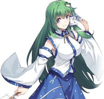 1girl artist_request between_fingers blue_eyes blue_skirt breasts chest_sarashi closed_mouth detached_sleeves frog_hair_ornament game_cg gohei green_hair hair_ornament hair_tubes holding holding_gohei kochiya_sanae labyrinth_of_touhou_(series) labyrinth_of_touhou_2 large_breasts long_hair looking_at_viewer official_art ofuda ofuda_between_fingers sarashi single_hair_tube skirt smile snake_hair_ornament solo third-party_source touhou transparent_background very_long_hair