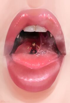 1boy 1girl 2021 brown_hair close-up commentary commission english_commentary facial_hair giant giantess glasses goatee heavy_breathing highres kneeling onkinky open_mouth original pink_lips red_shirt saliva shadow shirt short_sleeves thick_lips tongue vore