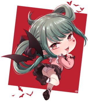 1girl :3 animal ass bat_(animal) bat_wings black_bow black_shoes black_skirt blush born-to-die bow brown_eyes chibi detached_wings earrings facial_mark fangs finger_to_mouth from_behind green_hair hair_bow halloween hatsune_miku heart heart_facial_mark heart_on_cheek jewelry loli long_hair long_sleeves looking_at_viewer looking_back open_mouth panties pink_shirt shirt shoes skirt smile socks standing twintails underwear vampire vocaloid white_background white_panties white_socks wind wind_lift wings