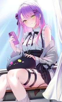 1girl absurdres bibi_(tokoyami_towa) black_skirt cardigan cardigan_partially_removed cellphone commentary demon_tail ear_chain gradient_hair green_eyes grey_cardigan hair_ornament hairclip heart heart_o-ring high-waist_skirt highres holding holding_phone hololive jirai_kei linked_piercing long_hair looking_at_viewer multicolored_hair nyarome_(nyaromeart) o-ring o-ring_thigh_strap phone piercing pink_hair purple_hair shirt sitting skirt sleeveless sleeveless_shirt smartphone smile socks tail tail_ornament tail_piercing thigh_strap tokoyami_towa tokoyami_towa_(jirai_kei) two-tone_hair virtual_youtuber white_shirt white_socks